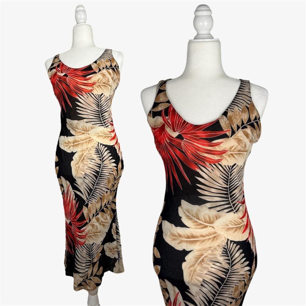 Juliette vintage 90s tropical print midi slip sheer dress sleeveless fitted